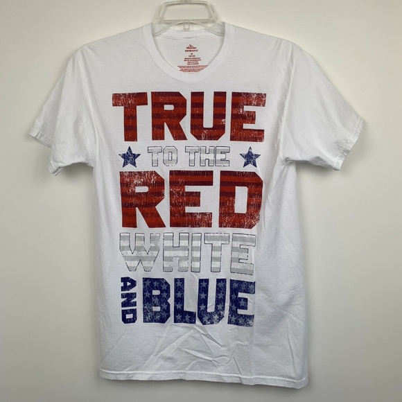 red and blue graphic tee